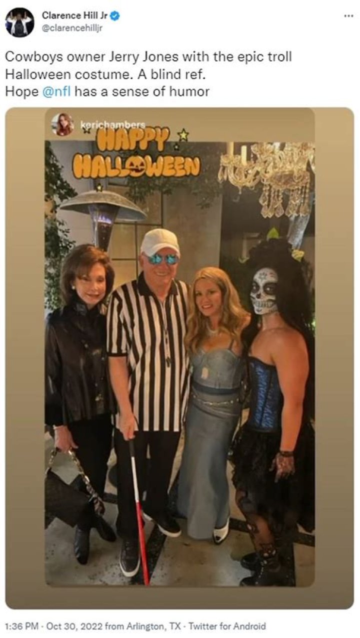 
Cowboys Owner Jerry Jones Says He Faces Possible Fine for Blind Referee Halloween Costume 